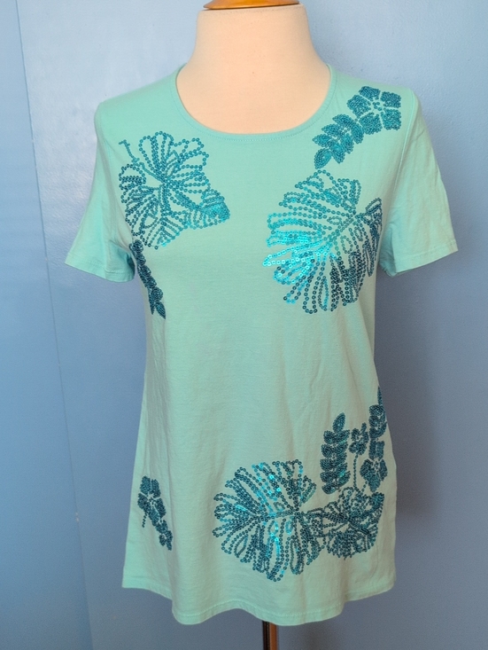 Chico's Tops - Chico's Turquoise Tropical Sequin Palm Leaf Hibiscus Tee Size S